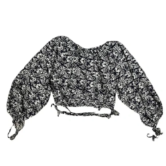 NWT blue white print gauzy cotton balloon sleeve oversized cropped blouse top S - Picture 5 of 13